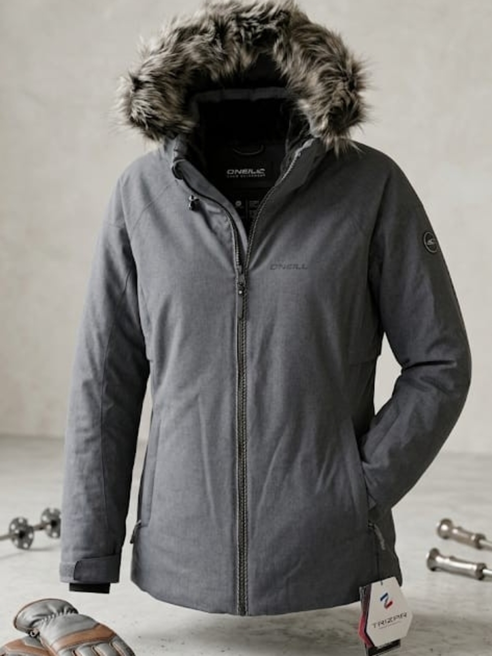 O'Neill Women's Gray Hooded Parka Jacket with Faux Fur Trim